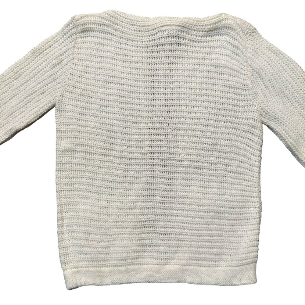 Vintage 1950s Cream & Tan Stripe Textured 3/4 Sleeve Knit Sweater w/ Pockets Sma - Picture 7 of 7